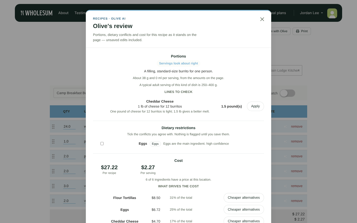 Olive's review: portions, dietary restrictions and cost
