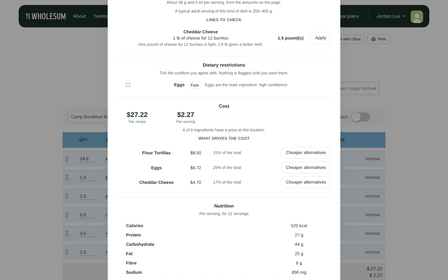 Olive's nutrition estimate