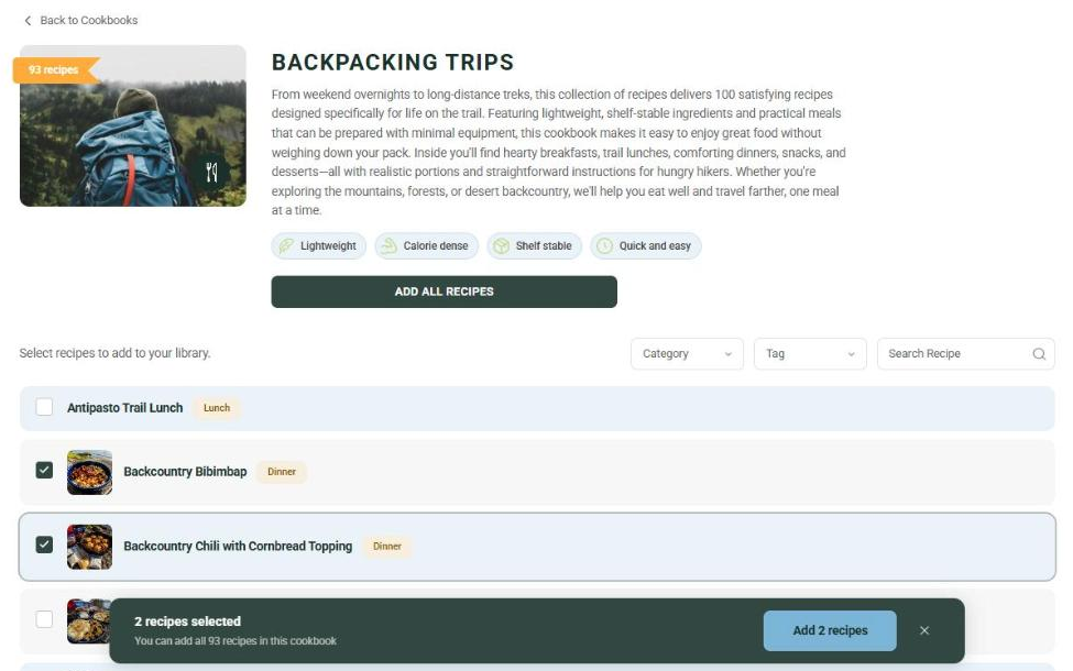 Choosing recipes from a cookbook