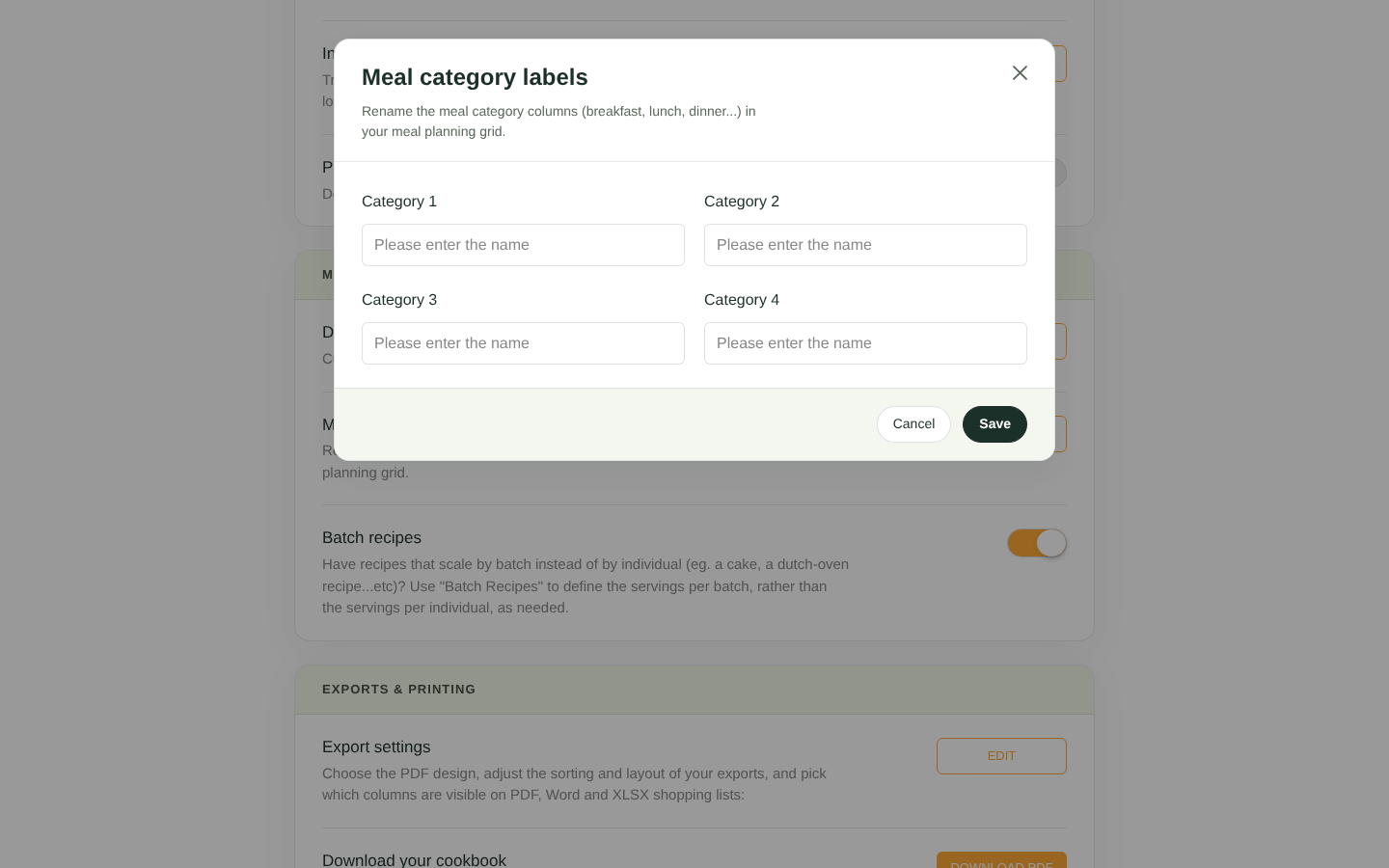 Meal category label settings