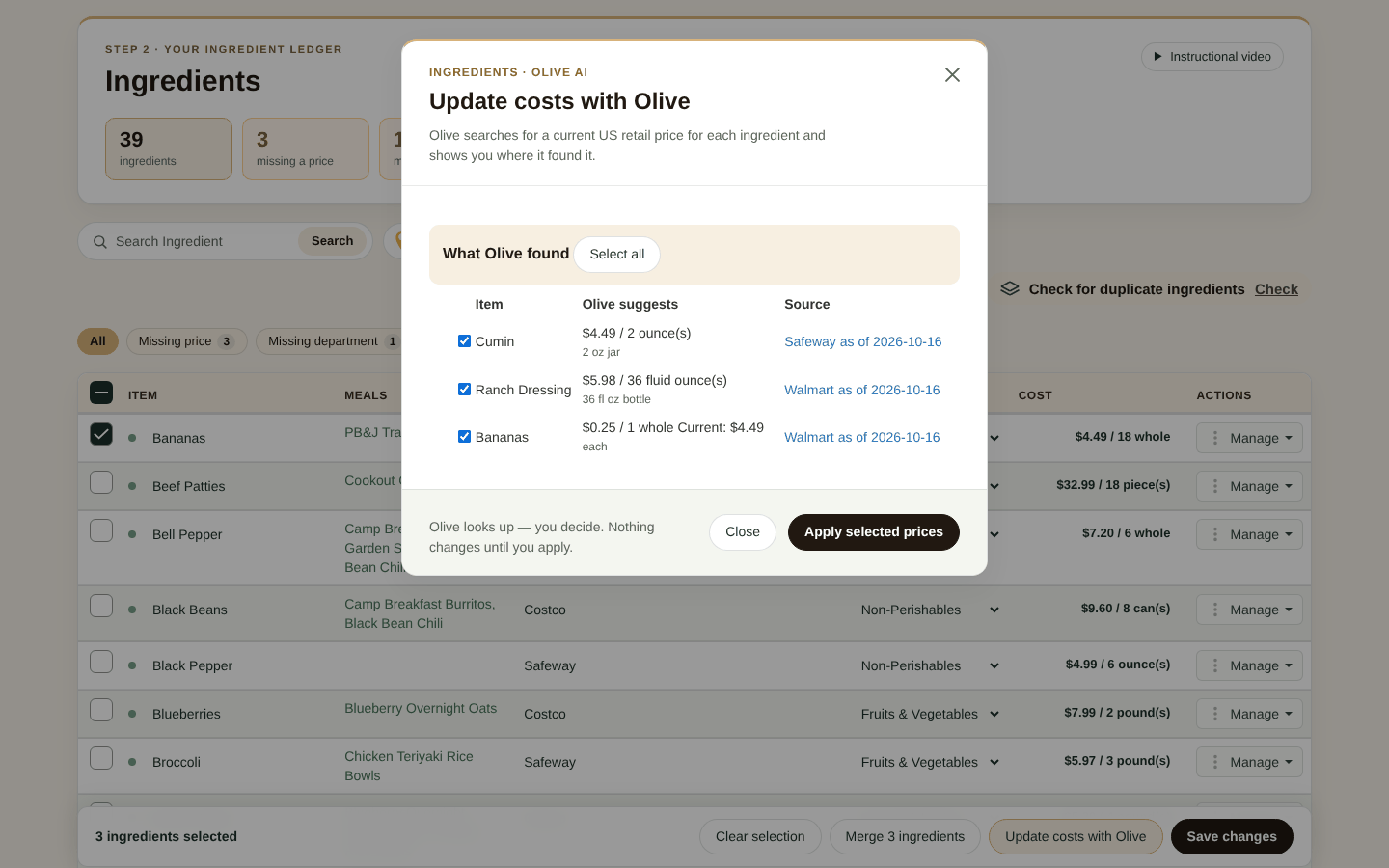Olive's price suggestions with sources