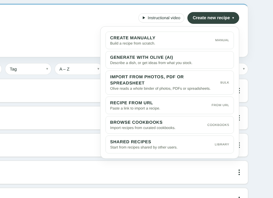 The Create new recipe menu