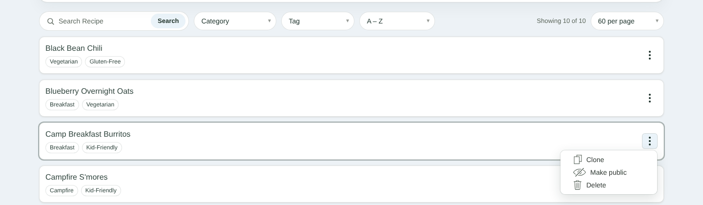 The recipe actions menu