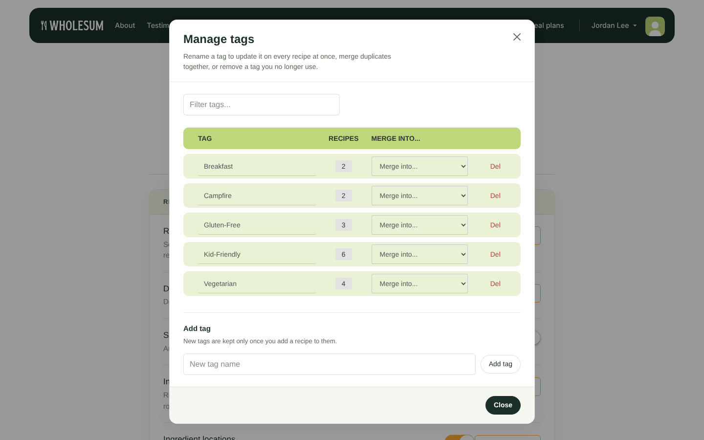 The Manage tags window