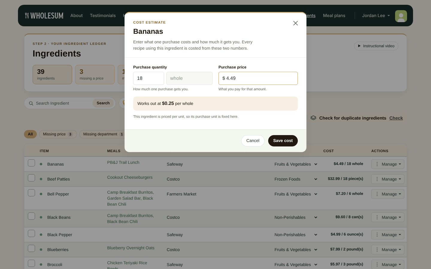 The Cost estimate window on the Ingredients page