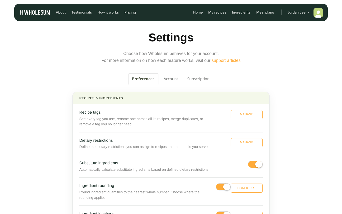 The Settings page
