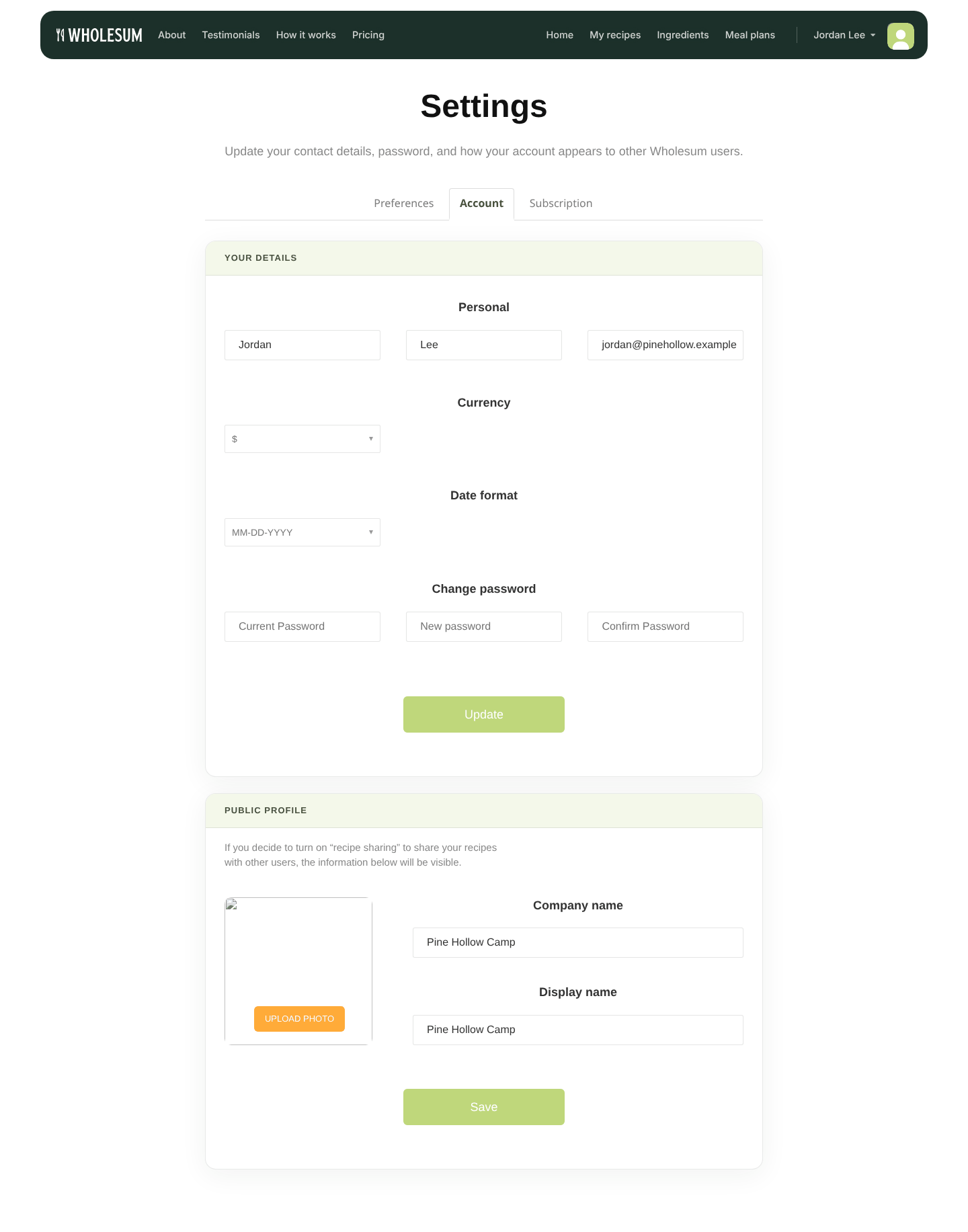 The Account page