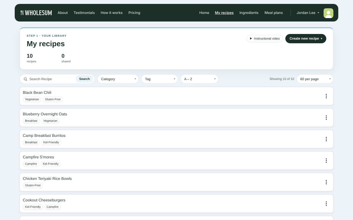 The My recipes page