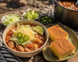 Pork Pozole & Cornbread (Make Ahead)