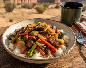 Red Rock Beef Stir Fry over Jasmine Rice