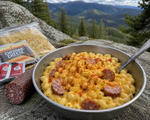 Mac and Cheese with Salami and Hot Sauce